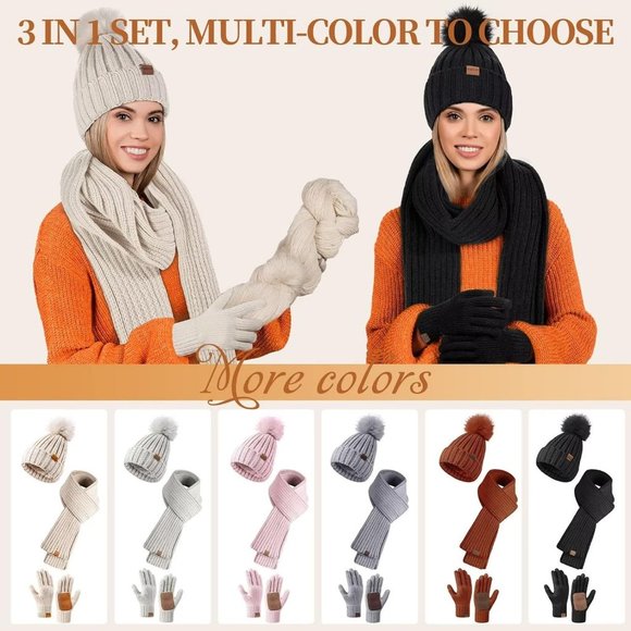 3 in 1 Set Womens Beanie with Pom Pom Long Scarf Neck Warmer Touchscreen Gloves